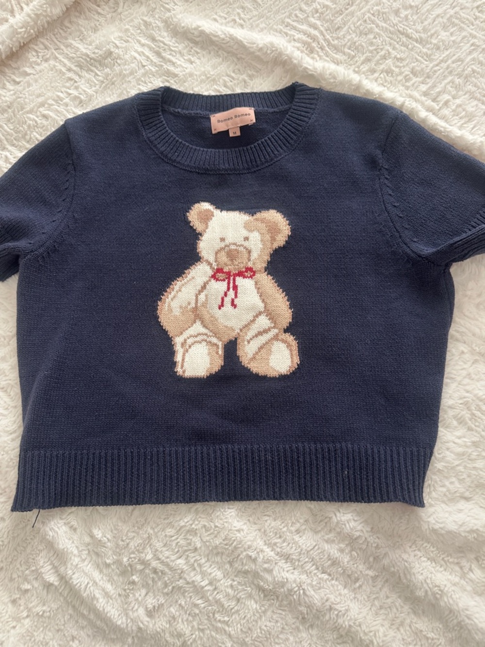 Bonton Navy Short-Sleeve Knit Top with teddy bear